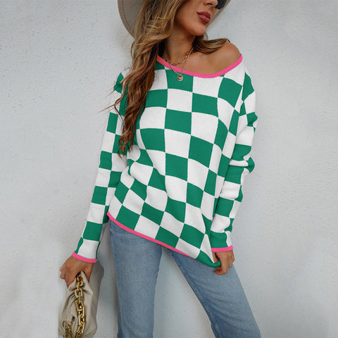 Frühherbst Pullover Plaid Colorblock Pullover Rundhals Top Strickwaren Bottoming Shirt 