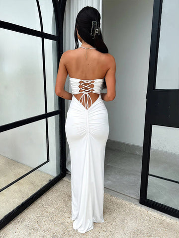 Party Dress Off The Shoulder Lace Up Pleated Sexy Maxi Dress