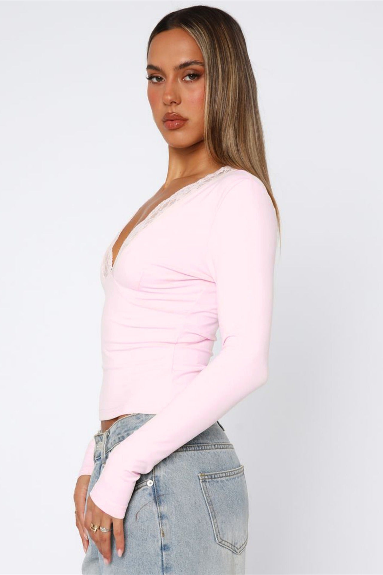 Chic Solid V Neck Lace Slim Blouse