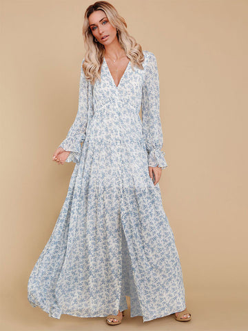 Maxi Dress V-Neck Long Sleeves Casual Floral Print Long Dress