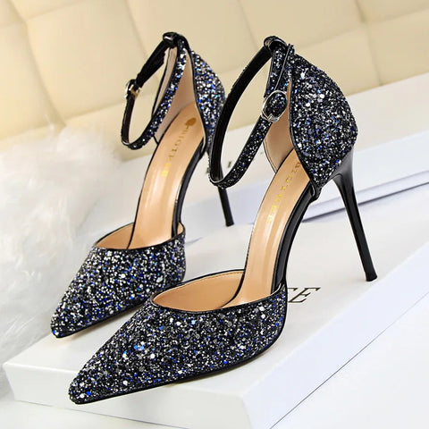 summer new European style stiletto heels shallow mouth pointed head sequins sexy nightclub show thin sandals for women