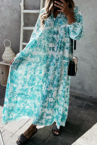 Vestido largo de manga larga con cuello en V y estampado floral 