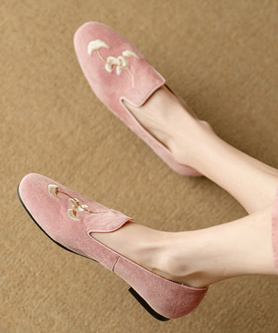 Zapatos planos de ante con bordado rosa para mujer estilo retro 
