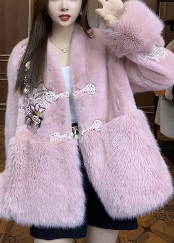 Natürliche Weiß Bestickt Patchwork Chinesischen Knopf Kunstpelz Mantel Outwear Winter 