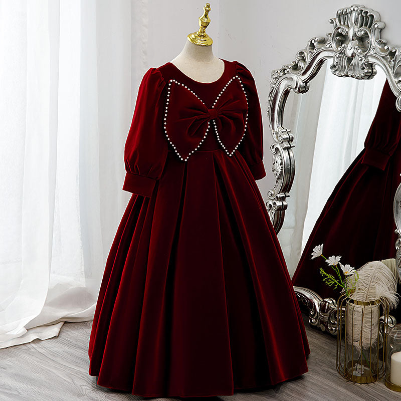 Vestido de niña de las flores para comunión, elegante vestido de princesa de manga larga con lazo de terciopelo rojo 