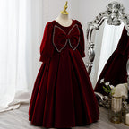 Vestido de niña de las flores para comunión, elegante vestido de princesa de manga larga con lazo de terciopelo rojo 