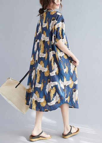 Loose Blue Print Cotton O-Neck Loose Summer Mid Dress