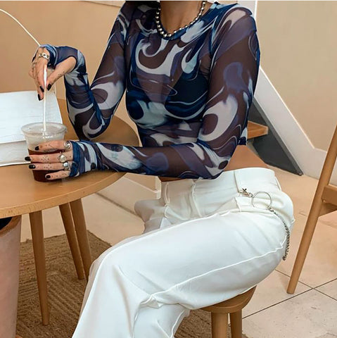 CUTENOVA Top corto sexy Y2K Vintage Harajuku con estampado gráfico de malla transparente, camiseta de manga larga acampanada, corte entallado, ropa estética para mujer 