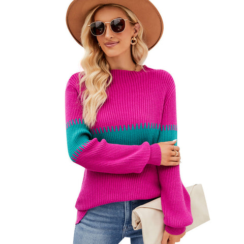 Colorful Patchwork Mock Neck Sweater: Stylish Loose Pullover for Women's Autumn/Winter Fashion