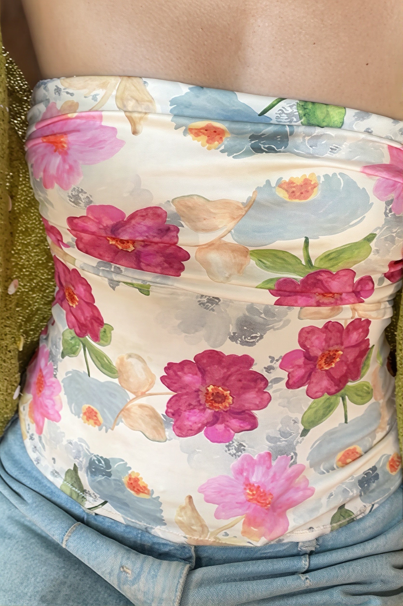 Color Block Floral Slim Strapless Blouse