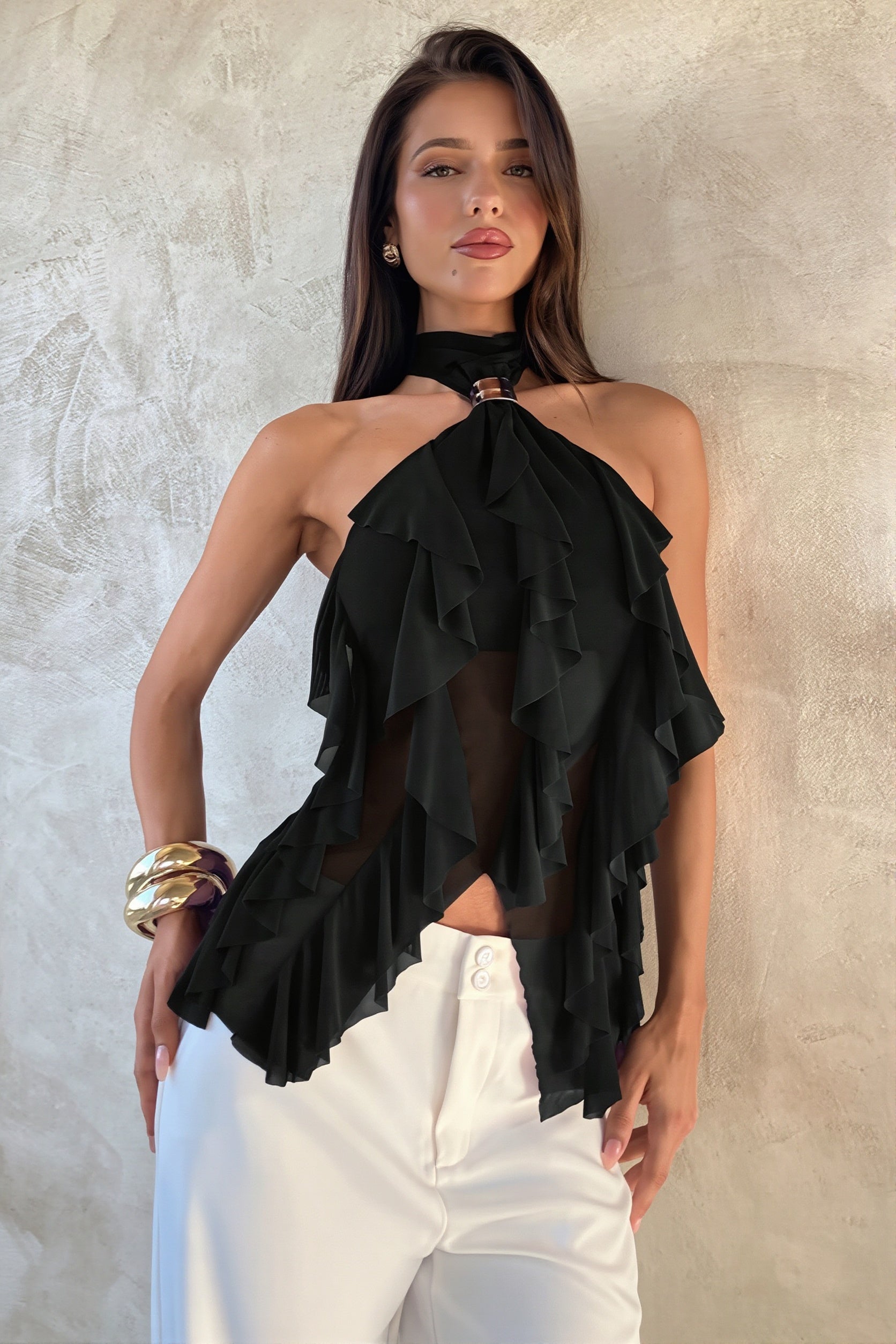 Solid High Waist Halter Backless Fitted Tank Top