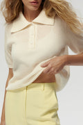 Minimalist Polo Hollow Knit Puff Sleeve Blouse