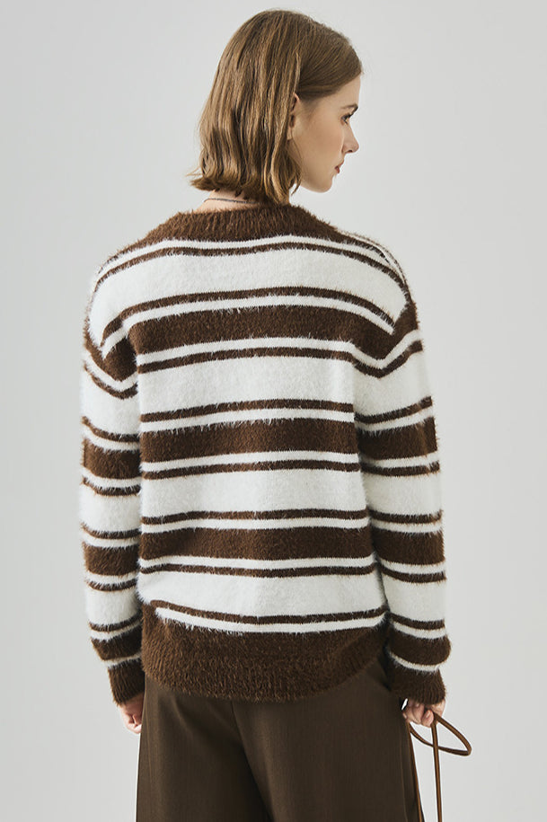 Striped V Neck Loose Long Sleeve Knit Sweater