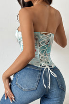 Sexy Color Block Backless Lace Up Boned Corset Blouse