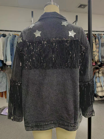 Chaqueta vaquera con borlas y estampado de estrellas para otoño e invierno, para mujer