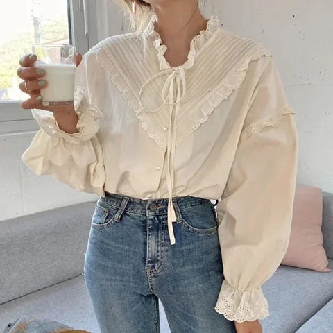 Lace Hollow-Out Long Sleeve Blouse