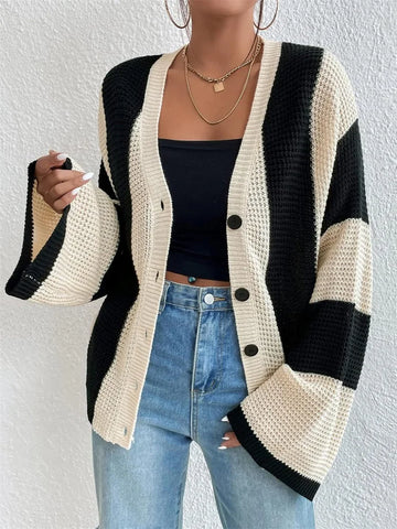 Suéter cárdigan de moda con contraste y agujeros de Tossy, prenda de punto para mujer, suelto, de manga larga, ropa de calle, abrigo de retazos para mujer 