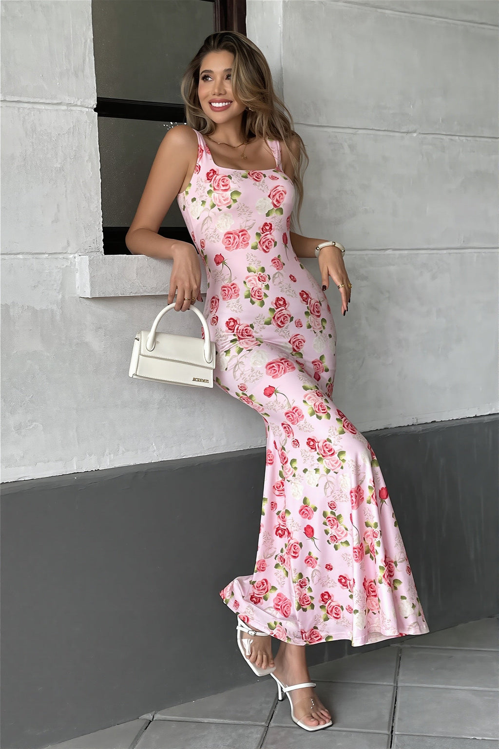 Pink Floral Sweet Girly Cami Maxi Dress