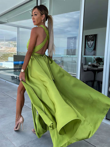 Überkreuztes Maxikleid, ärmellos, Empire-Taille, hochgeschlitztes Ballkleid 