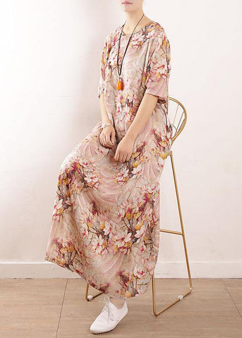 Chic Pink Print Oriental Summer Maxi Dress