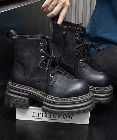 Khakifarbene, klobige Schnürstiefel aus Kunstleder mit neuem Splicing-Design 