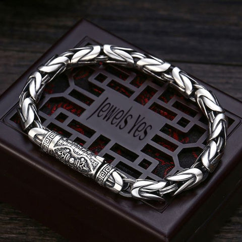 Sterling Silver Six Character Truth Vajra Clasp Byzantine Bracelet