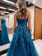 Vestido de fiesta de tul con encaje y purpurina azul tinta de corte A