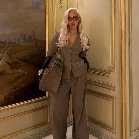 Blazer mit Puffärmeln, weite Hose, zweiteiliges Büro-Set 