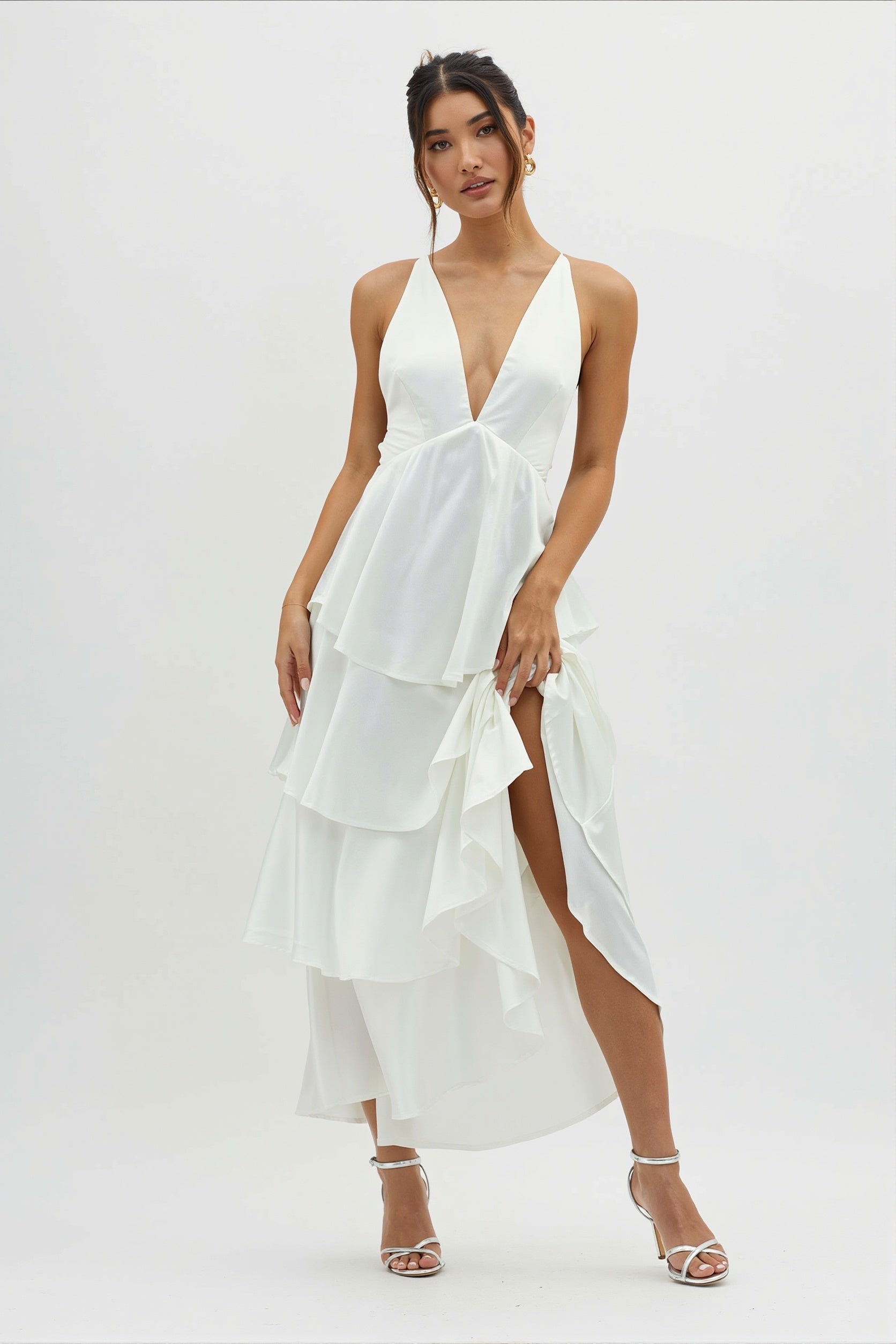 Satin V-Neck Cami Tiered Slim Maxi Dress