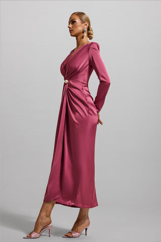 Solid Satin Faux Pearl Knotted Midi Dress