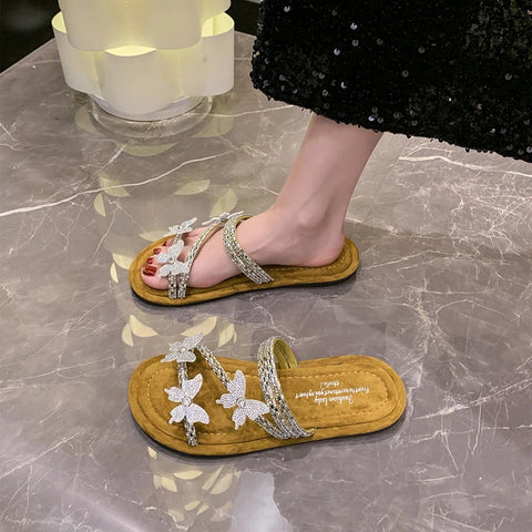 Women Crystal Sandals Bling Flats Slippers 2024 Summer New Shoes Dress Walking Designer Casual Luxury Fashion Walking Slides