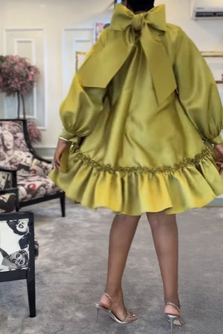 Elegant Puff Sleeve Satin Solid Color Ruffle Lace-Up Mini Dress