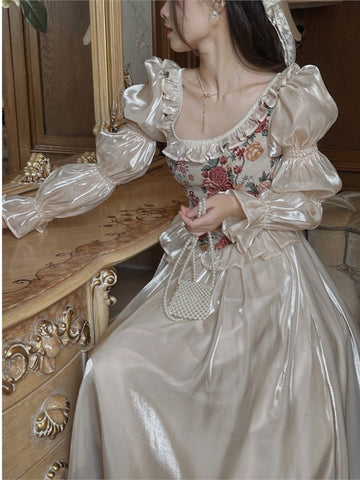 French Vintage Midi Dress Women Floral Patchwork Puff Sleeve Ruffles A-line Autumn Spring Evening Party Prom Robe Vestidos Mujer