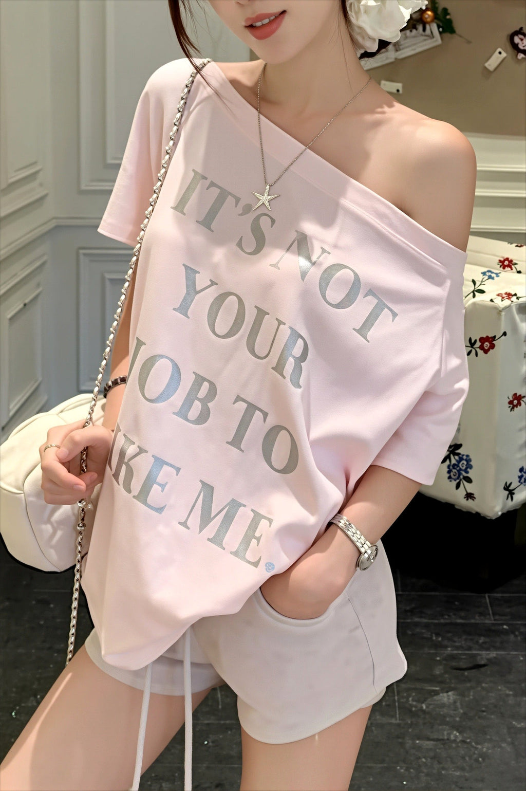 Letter Print Pink Off‑Shoulder T‑shirt