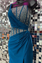 Blaues Meerjungfrauen-Abendkleid mit One-Shoulder und Perlenstickerei