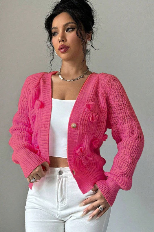 Solid Long-Sleeve Bow-Knot Knit Cardigan