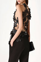 Floral Mesh Panel Sleeveless Sexy Layering Blouse