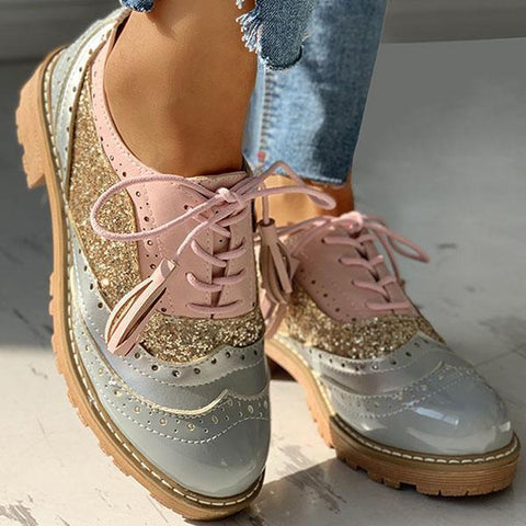 Vintage Oxford Brogues Chunky Block Heel Shoes Lace-up Pumps