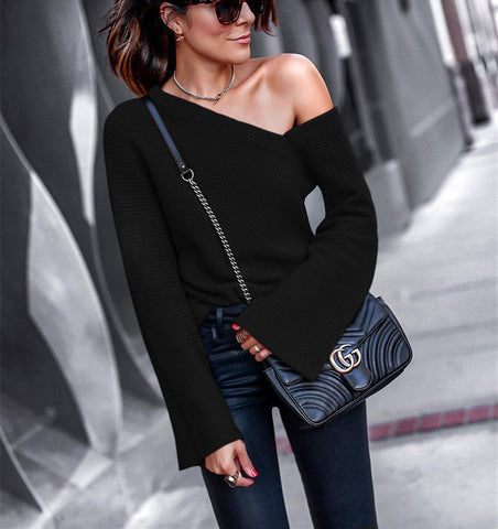 Fall Winter round Neck Long Sleeve Off The Shoulder Women Blouse Knitwear