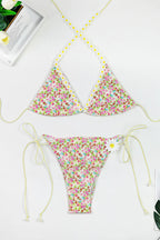 Chic Floral Print High Waist Lace Up Bikini Sets