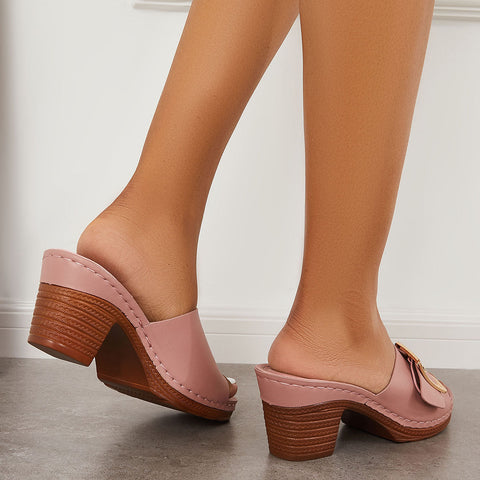 Buckle Decor Chunky Block Heel Mules Slide Sandals