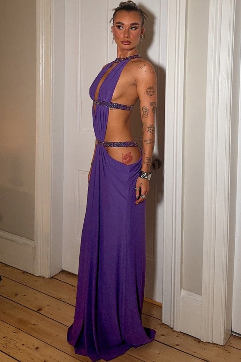 Elegant Sexy Cutout Rhinestone Backless Maxi Dress