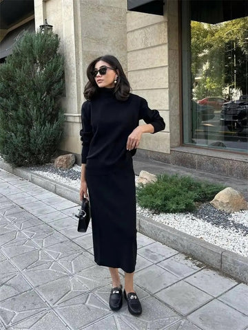 TARUXY Ribbed Knit 2 Piece Dress Set Outfits Ladies Knitwear Top And Midi Skirt Sets For Women Casual Winter Sweater Sets 2023