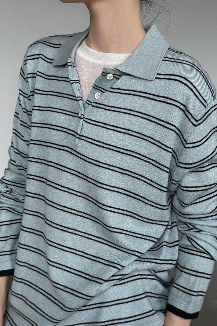 Soft Wool Striped Polo Collar Long Sleeve Long Sleeve Tee