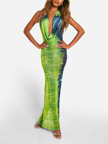 Vestido largo de malla con efecto tie-dye y cuello vuelto color lima 