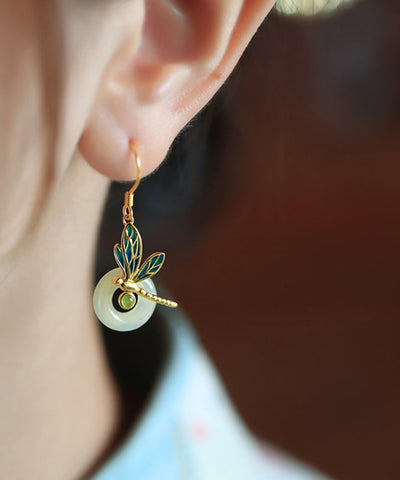 Vintage Gold Sterling Silber Overgilt Jade Emaille Libelle Tropfen Ohrringe 