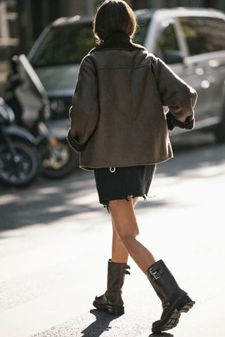 Damen Kleidung Pelz Langarm Kragen Doppelseitige Jacke Mantel Damen Mantel 