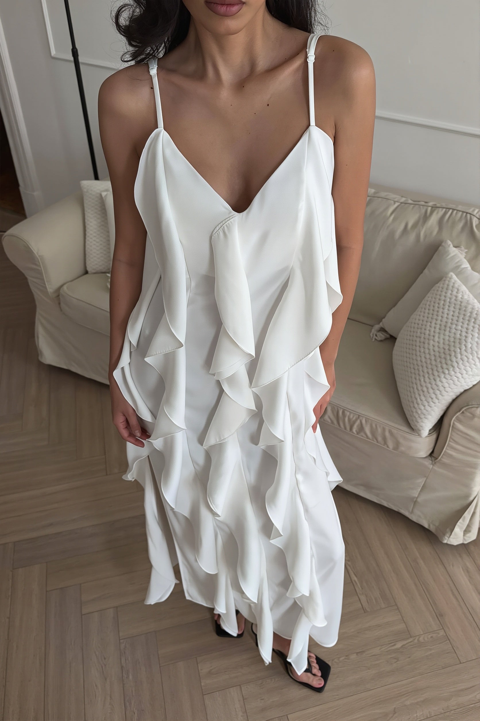 Chic Ruffle Trim V Neck Cami Slip Maxi Dress