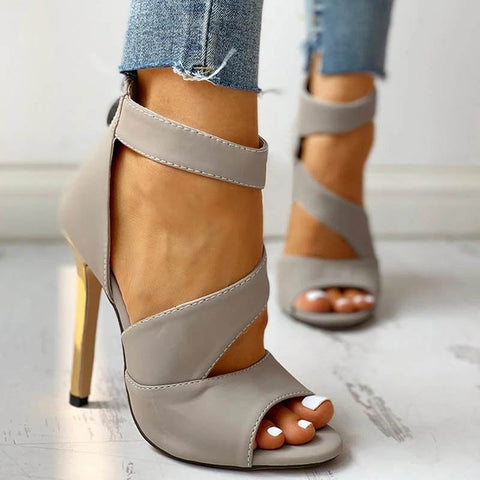 Útiles escolares para mujer, tacones altos finos de verano, sandalias de punta abierta con cremallera alta y fina, sandalias de oficina con agujeros, zapatos de tacón alto para mujer 