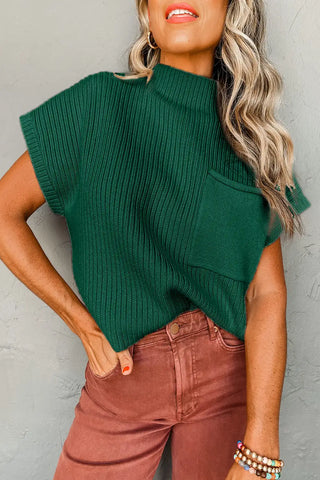 schwarzgrüner Rippstrickpullover mit kurzen Ärmeln 